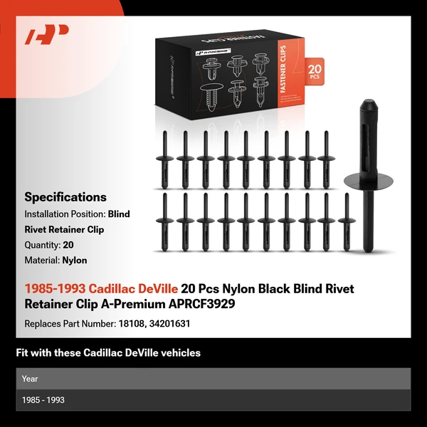 1985-1993 Cadillac DeVille 20 Pcs Nylon Black Blind Rivet Retainer Clip A-Premium APRCF3929
