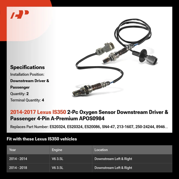 2014-2017 Lexus IS350 2-Pc Oxygen Sensor Downstream Driver & Passenger 4-Pin A-Premium APOS0984