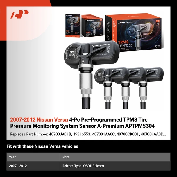 2007-2012 Nissan Versa 4-Pc Pre-Programmed TPMS Tire Pressure Monitoring System Sensor A-Premium APTPMS304