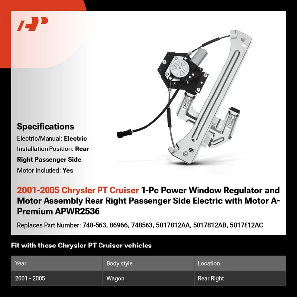 2001-2005 Chrysler PT Cruiser 1-Pc Power Window Regulator and Motor Assembly Rear Right Passenger Side Electric with Motor A-Premium APWR2536
