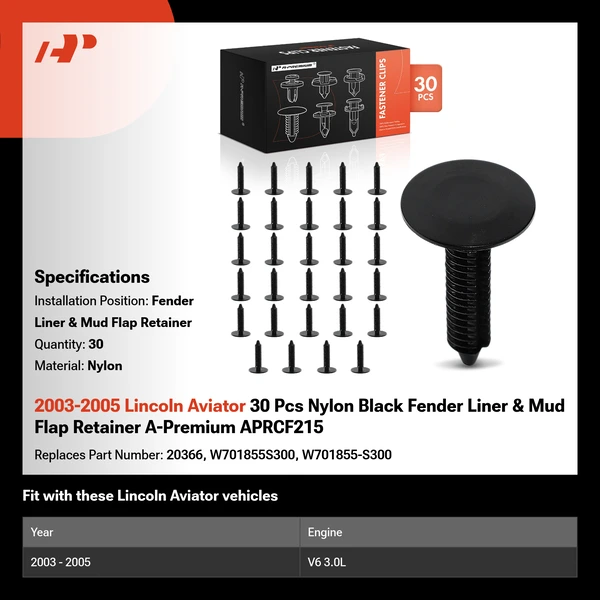 2003-2005 Lincoln Aviator 30 Pcs Nylon Black Fender Liner & Mud Flap Retainer A-Premium APRCF215