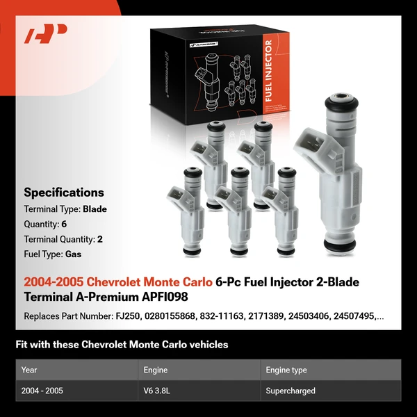 2004-2005 Chevrolet Monte Carlo 6-Pc Fuel Injector 2-Blade Terminal A-Premium APFI098