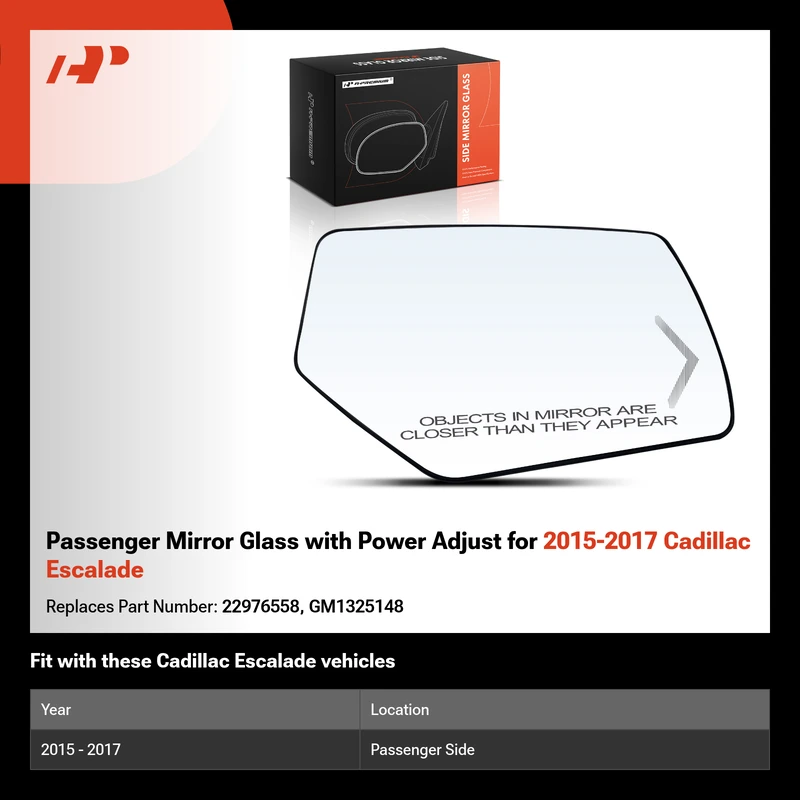Passenger Mirror Glass with Power Adjust for 2015-2017 Cadillac Escalade