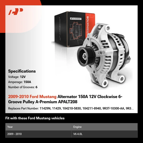 2009-2010 Ford Mustang Alternator 150A 12V Clockwise 6-Groove Pulley A-Premium APALT208