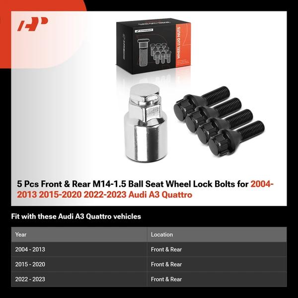 5 Pcs Front & Rear M14-1.5 Ball Seat Wheel Lock Bolts for 2004-2013 2015-2020 2022-2023 Audi A3 Quattro