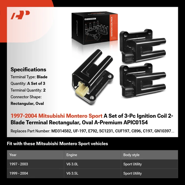 1997-2004 Mitsubishi Montero Sport 3-Pc Ignition Coil 2-Blade Terminal Rectangular, Oval A-Premium APIC0154