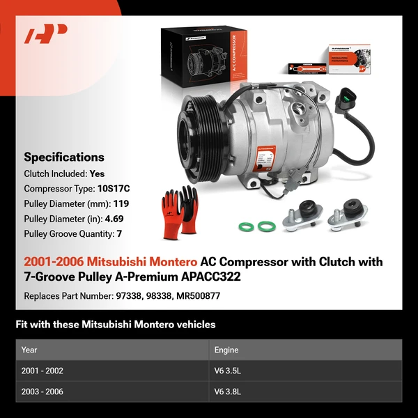 2001-2006 Mitsubishi Montero AC Compressor with Clutch with 7-Groove Pulley A-Premium APACC322