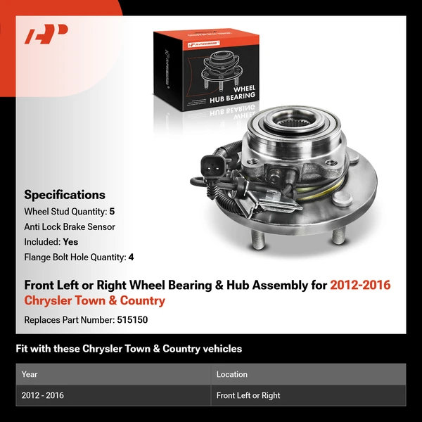 Front Left or Right Wheel Bearing & Hub Assembly for 2012-2016 Chrysler Town & Country