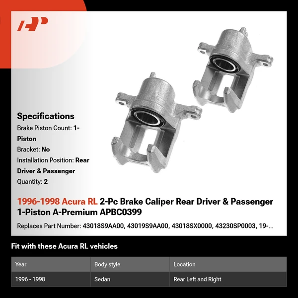1996-1998 Acura RL 2-Pc Brake Caliper Rear Driver & Passenger 1-Piston A-Premium APBC0399