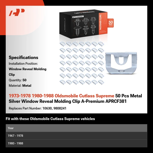 1973-1978 1980-1988 Oldsmobile Cutlass Supreme 50 Pcs Metal Silver Window Reveal Molding Clip A-Premium APRCF381