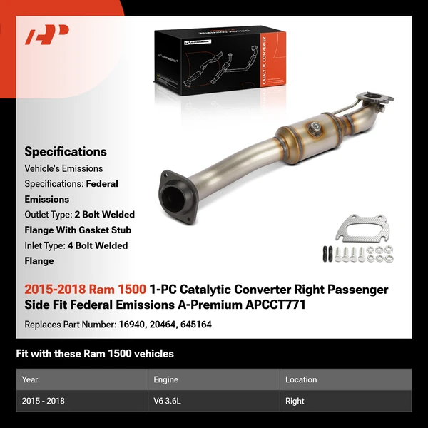 2015-2018 Ram 1500 1-PC Catalytic Converter Right Passenger Side Fit Federal Emissions A-Premium APCCT771