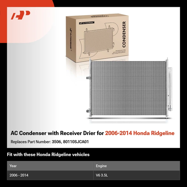 AC Condenser with Receiver Drier for 2006-2014 Honda Ridgeline