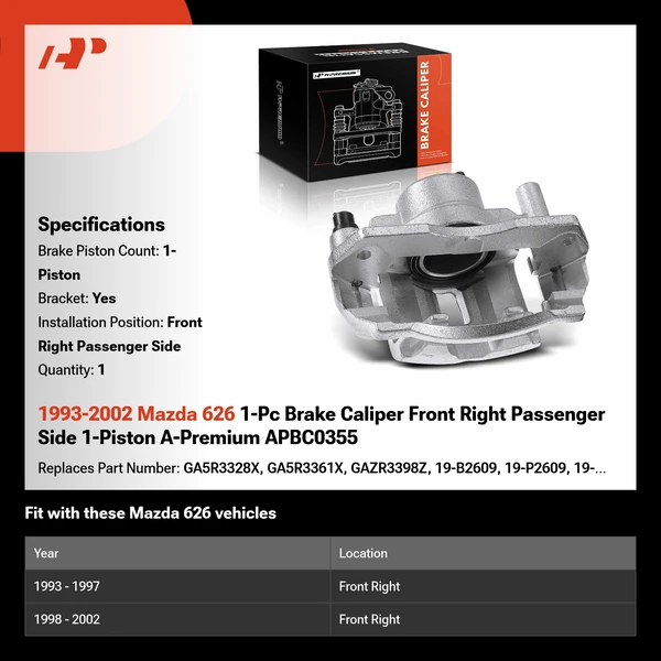 1993-2002 Mazda 626 1-Pc Brake Caliper Front Right Passenger Side 1-Piston A-Premium APBC0355
