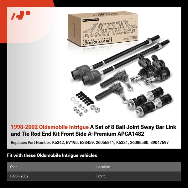 1998-2002 Oldsmobile Intrigue A Set of 8 Ball Joint Sway Bar Link and Tie Rod End Kit Front Side A-Premium APCA1482