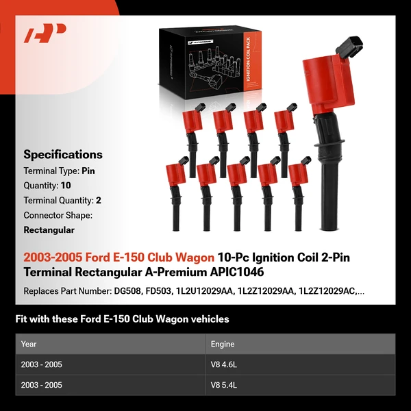 2003-2005 Ford E-150 Club Wagon A Set of 10-Pc Ignition Coil 2-Blade Terminal Rectangular A-Premium APIC1046