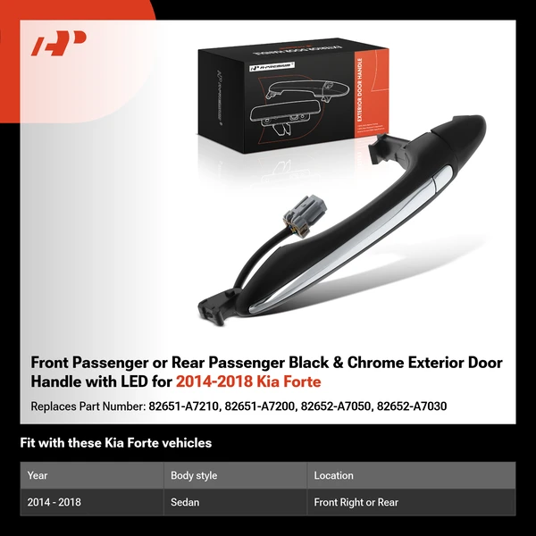 Front Passenger or Rear Passenger Black & Chrome Exterior Door Handle with LED for 2014-2018 Kia Forte