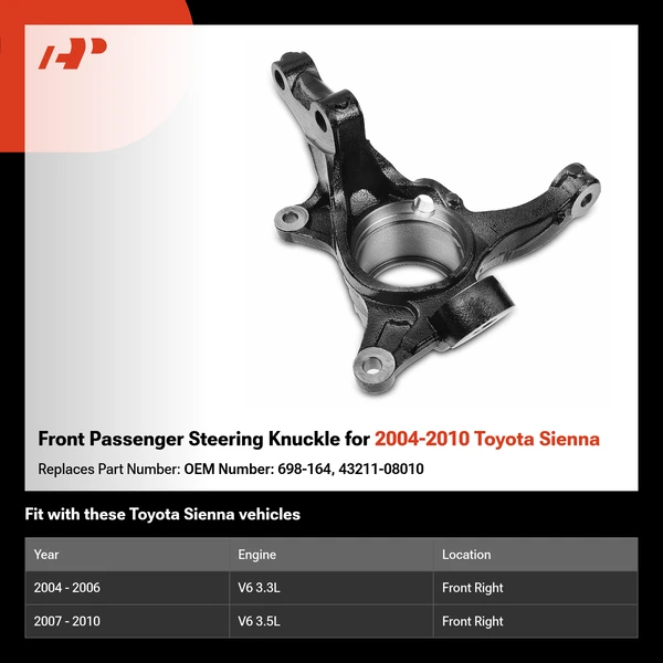 Front Passenger Steering Knuckle for 2004-2010 Toyota Sienna