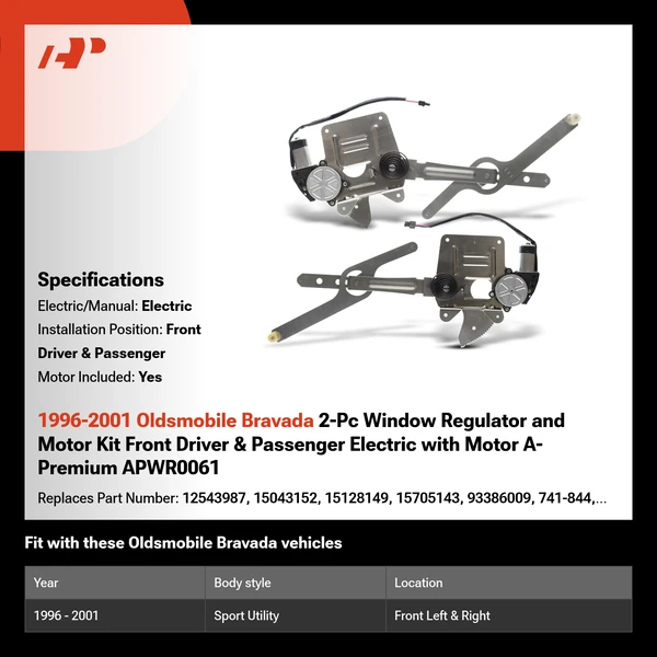 1996-2001 Oldsmobile Bravada 2-Pc Window Regulator and Motor Kit Front Driver & Passenger Electric with Motor A-Premium APWR0061