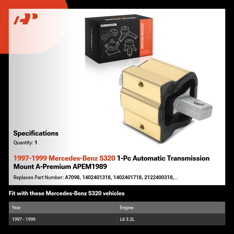 1997-1999 Mercedes-Benz S320 1-Pc Automatic Transmission Mount A-Premium APEM1989