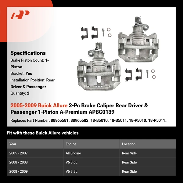2005-2009 Buick Allure 2-Pc Brake Caliper Rear Driver & Passenger 1-Piston A-Premium APBC0139