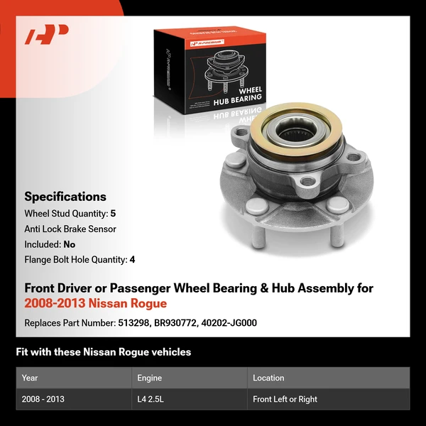 Front Driver or Passenger Wheel Bearing & Hub Assembly for 2008-2013 Nissan Rogue