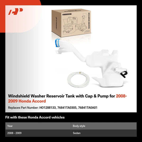 Windshield Washer Reservoir Tank with Cap & Pump for 2008-2009 Honda Accord