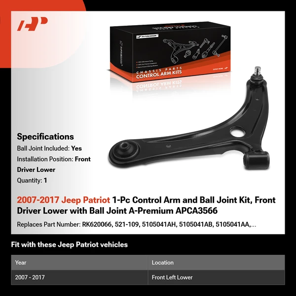 2007-2017 Jeep Patriot 1-Pc Control Arm and Ball Joint Kit, Front Driver Lower with Ball Joint A-Premium APCA3566