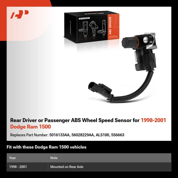Rear Driver or Passenger ABS Wheel Speed Sensor for 1998-2001 Dodge Ram 1500