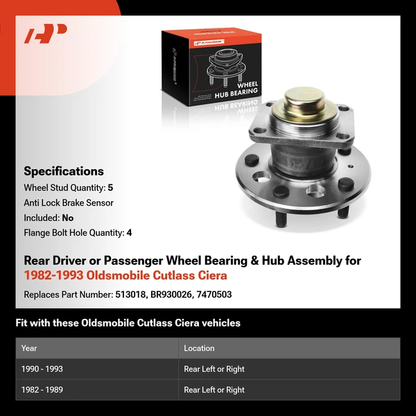 Rear Driver or Passenger Wheel Bearing & Hub Assembly for 1982-1993 Oldsmobile Cutlass Ciera