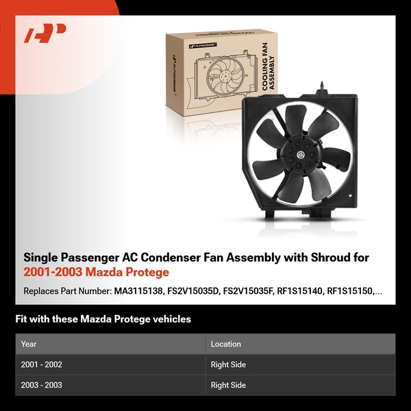 Single Passenger AC Condenser Fan Assembly with Shroud for 2001-2003 Mazda Protege