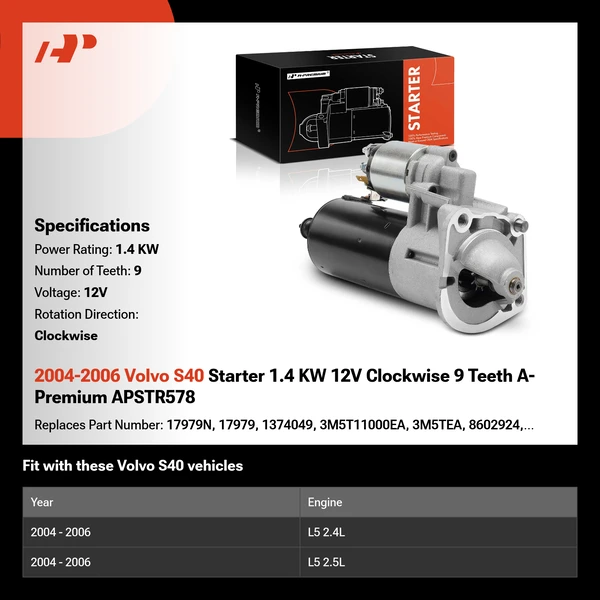 2004-2006 Volvo S40 Starter 1.4 KW 12V Clockwise 9 Teeth A-Premium APSTR578