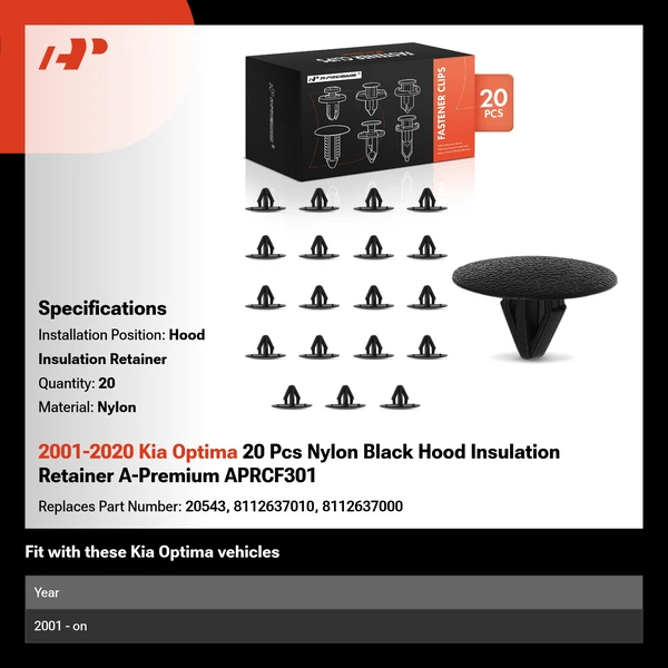 2001-2020 Kia Optima 20 Pcs Nylon Black Hood Insulation Retainer A-Premium APRCF301