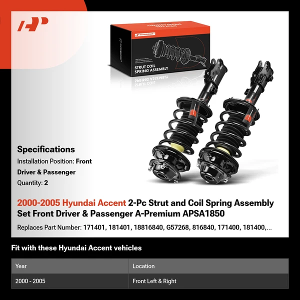 2000-2005 Hyundai Accent 2-Pc Strut and Coil Spring Assembly Set Front Driver & Passenger A-Premium APSA1850
