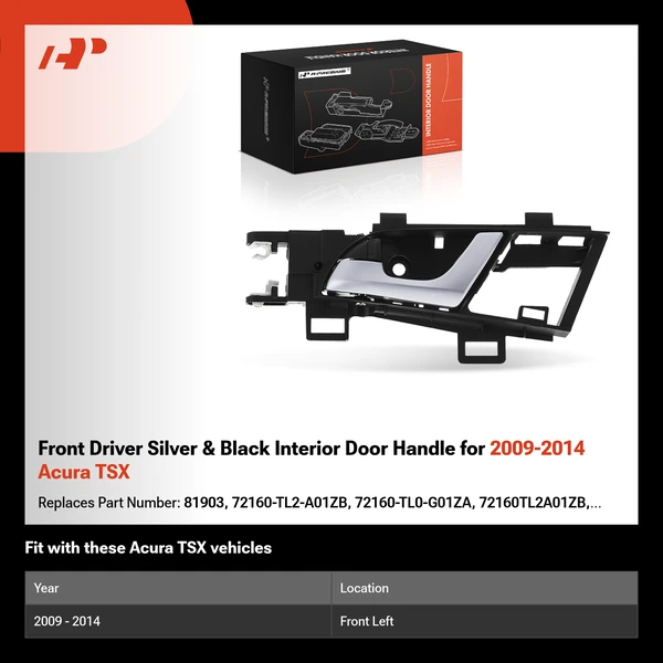 Front Driver Silver & Black Interior Door Handle for 2009-2014 Acura TSX