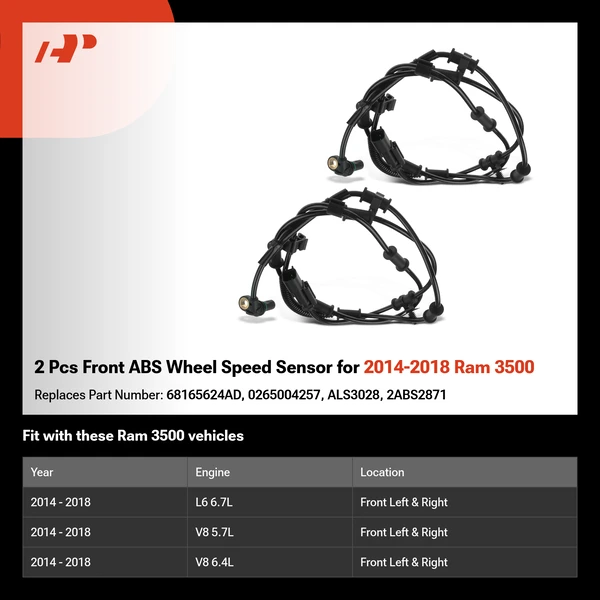 2 Pcs Front ABS Wheel Speed Sensor for 2014-2018 Ram 3500