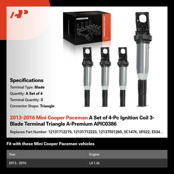 2013-2016 Mini Cooper Paceman A Set of 4-Pc Ignition Coil 3-Blade Terminal Triangle A-Premium APIC0386