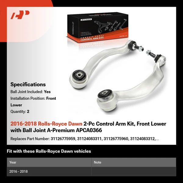 2016-2018 Rolls-Royce Dawn 2-Pc Control Arm Kit, Front Lower with Ball Joint A-Premium APCA0366