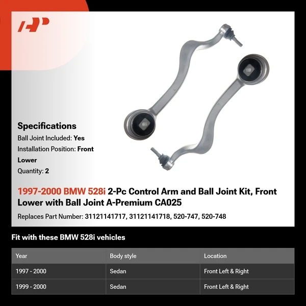 1997-2000 BMW 528i 2-Pc Control Arm and Ball Joint Kit, Front Lower with Ball Joint A-Premium CA025