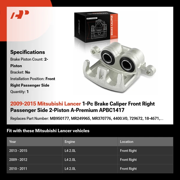 2009-2015 Mitsubishi Lancer 1-Pc Brake Caliper Front Right Passenger Side 2-Piston A-Premium APBC1417