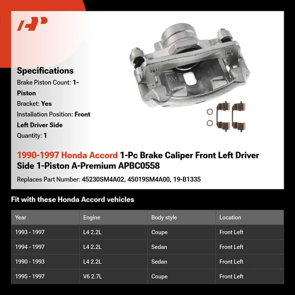 1990-1997 Honda Accord 1-Pc Brake Caliper Front Left Driver Side 1-Piston A-Premium APBC0558