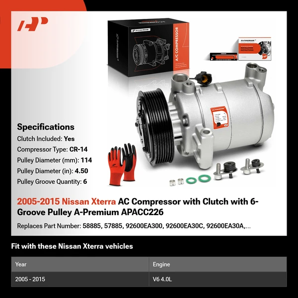 2005-2015 Nissan Xterra AC Compressor with Clutch with 6-Groove Pulley A-Premium APACC226