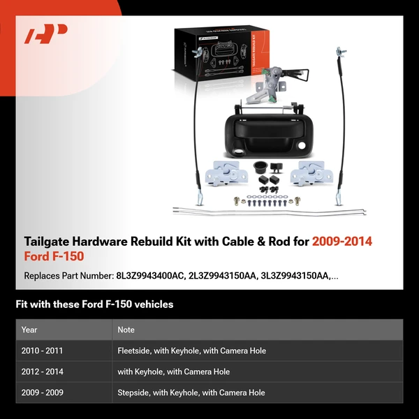 Tailgate Hardware Rebuild Kit with Cable & Rod for 2009-2014 Ford F-150