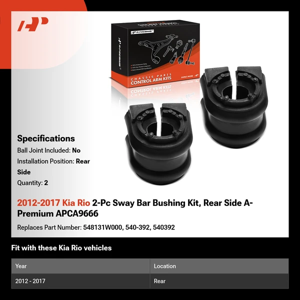 2012-2017 Kia Rio 2-Pc Sway Bar Bushing Kit, Rear Side A-Premium APCA9666