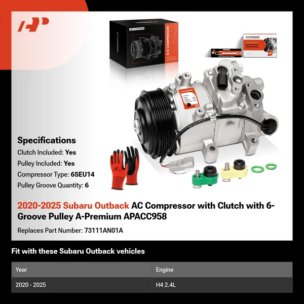 2020-2025 Subaru Outback AC Compressor with Clutch with 6-Groove Pulley A-Premium APACC958