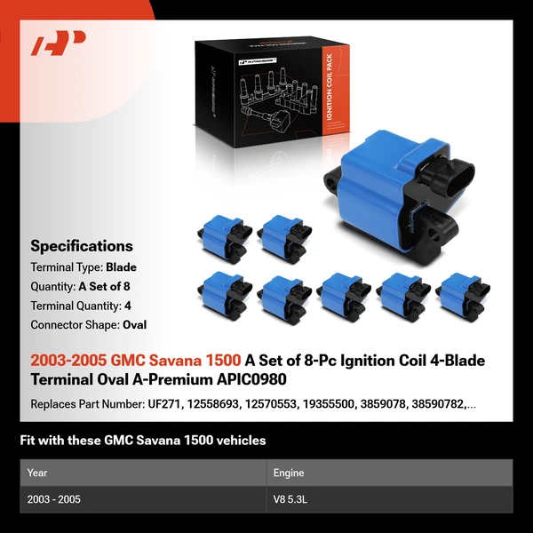 2003-2005 GMC Savana 1500 A Set of 8-Pc Ignition Coil 4-Blade Terminal Oval A-Premium APIC0980