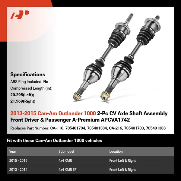 2013-2015 Can-Am Outlander 1000 2-Pc CV Axle Shaft Assembly Front Driver & Passenger A-Premium APCVA1742
