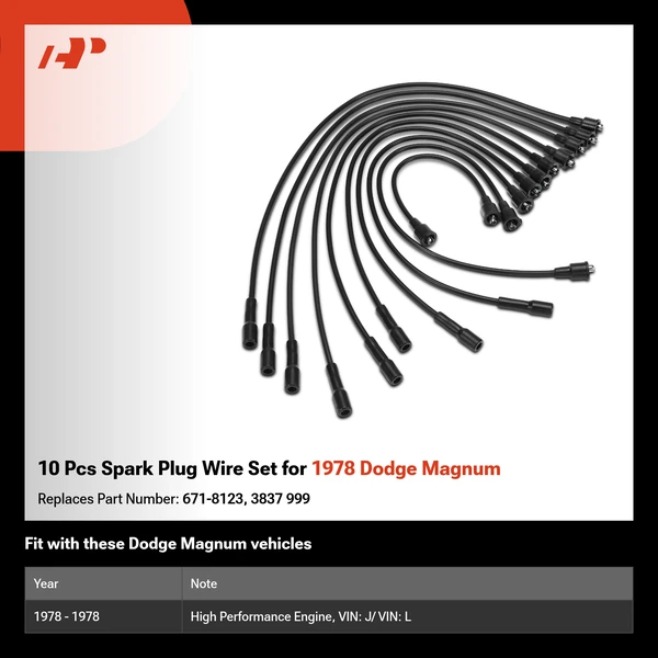 10 Pcs Spark Plug Wire Set for 1978 Dodge Magnum