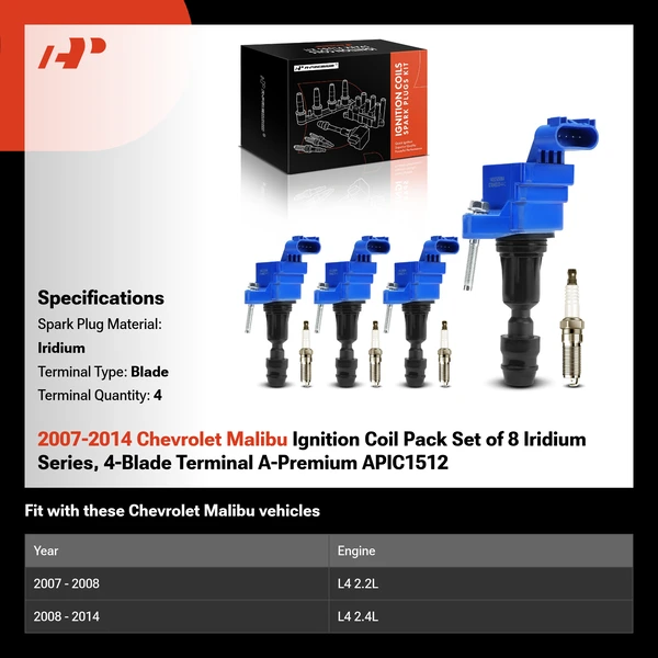 2007-2014 Chevrolet Malibu Ignition Coil Pack Set of 8 Iridium Series, 4-Blade Terminal A-Premium APIC1512