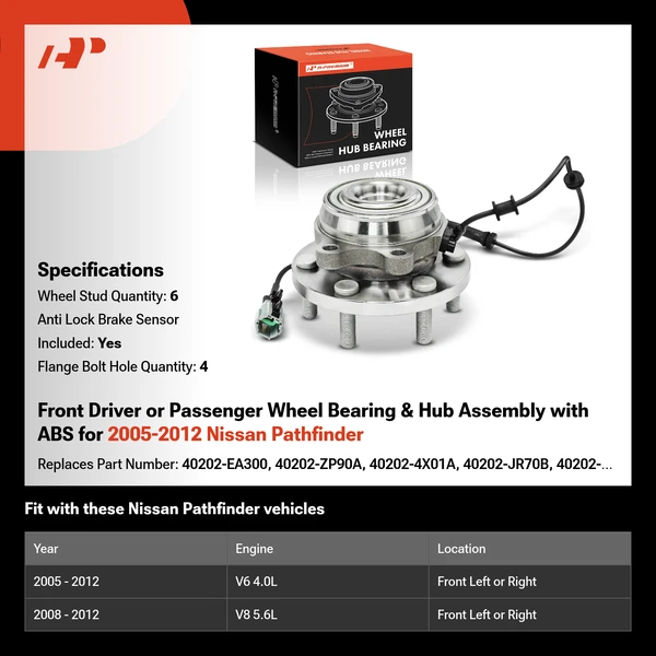 Front Driver or Passenger Wheel Bearing & Hub Assembly with ABS for 2005-2012 Nissan Pathfinder