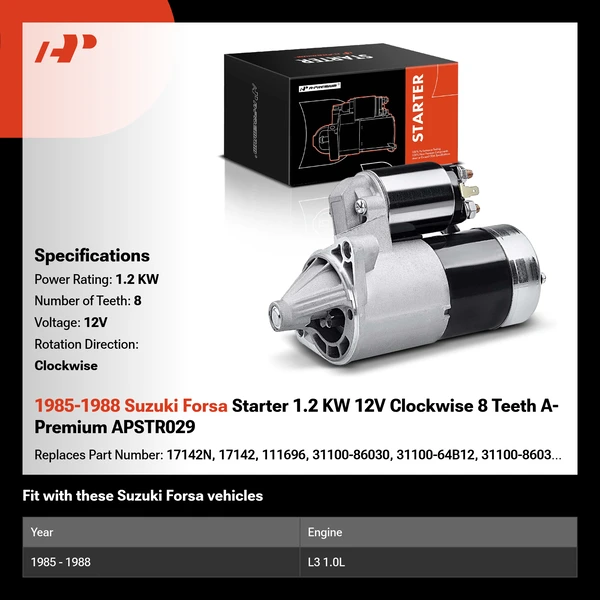 1985-1988 Suzuki Forsa Starter 1.2 KW 12V Clockwise 8 Teeth A-Premium APSTR029